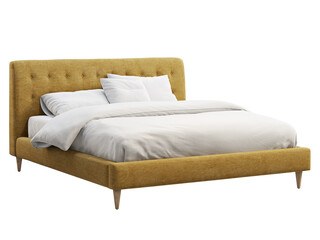 Mid-century fabric upholstery double bed with quilted headboard. 3d render.