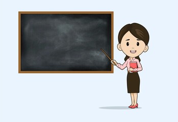 Young female teacher on lesson at blackboard in classroom. Teacher with pointer, teacher showing on board. Vector illustration