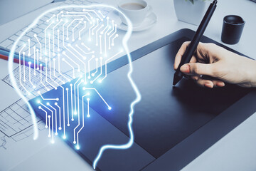 Double exposure of brain sketch hologram and woman holding and using a mobile device.