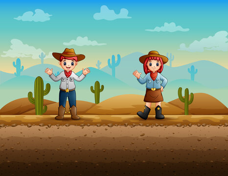 Cartoon a cowboy and cowgirl waving hand at the desert