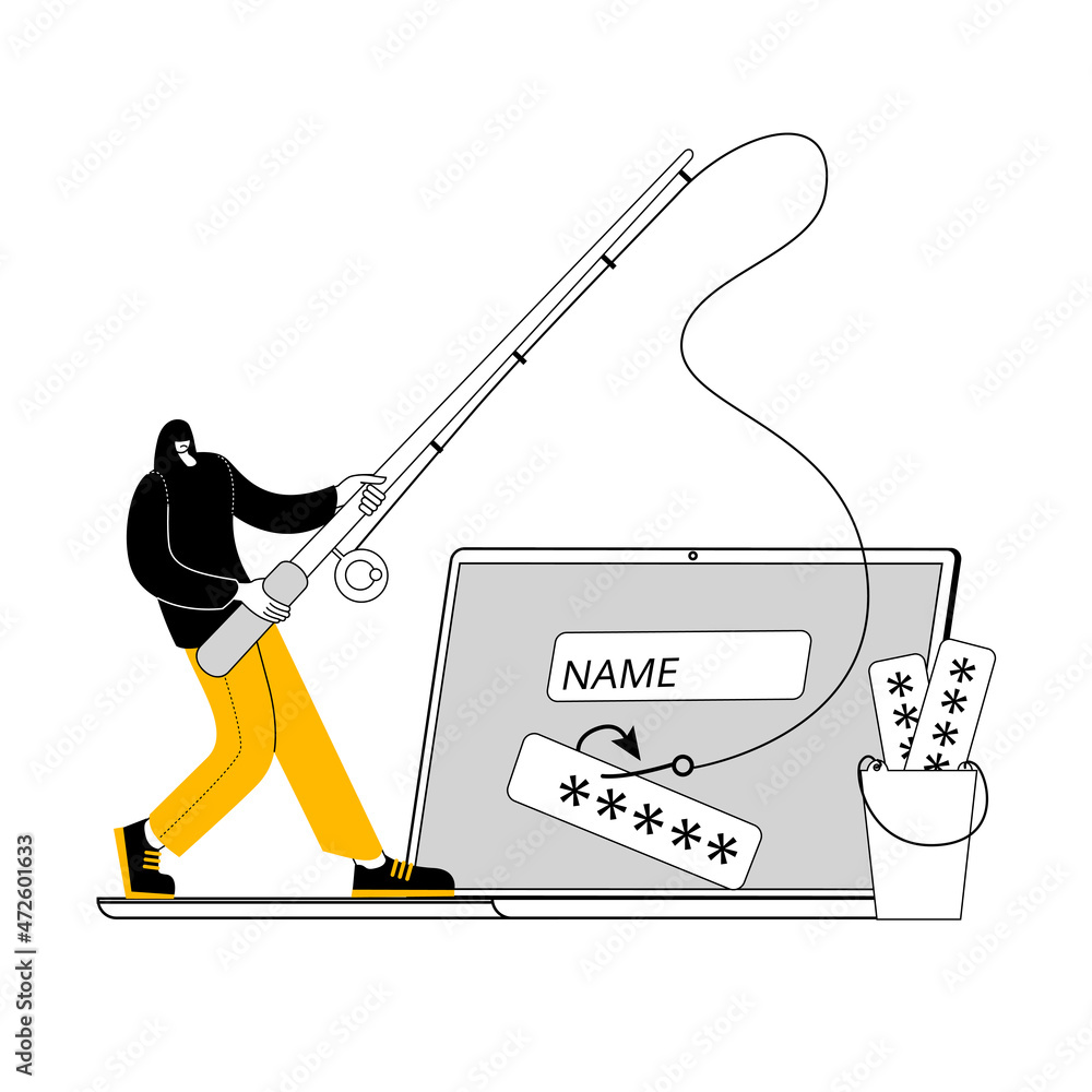 Aufkleber a hacker in a dark hood with a fishing rod catches user passwords on a hook from a laptop. concept o