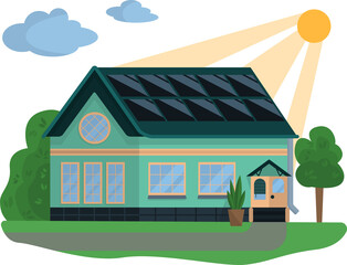 House with solar panels on the roof. Vector flat illustration.