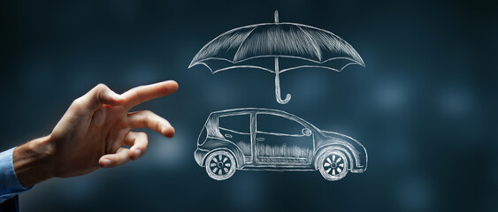 hand presses on the umbrella and the car. concept car protection and insurance