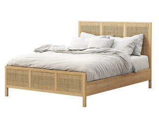 Mid-century wooden double bed with wicker headboard and footboard. 3d render.