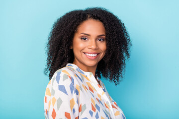 Profile photo of cool young wavy hairdo lady wear printed shirt isolated on blue color background