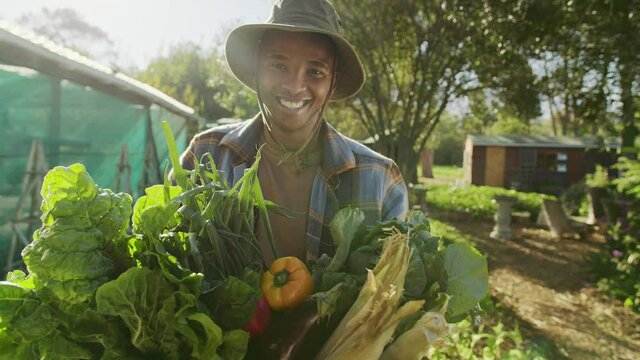 Mixed race male farmer working outdoors carrying vegetable basket smiling 