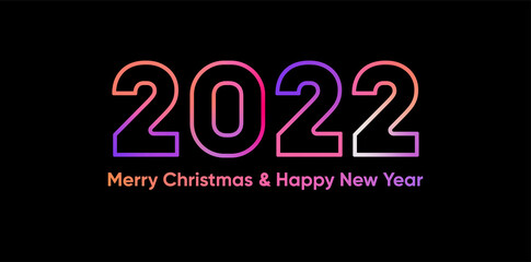 2022 happy New Year dark background with decoration with neon number on Purple and blue background. illustration winter holiday greeting card template.