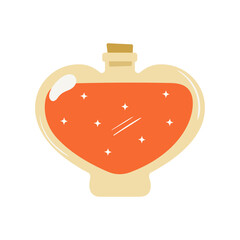 Hand drawn magic love potion with cork isolated on white background. Glass heart bottle with alchemy elixir. Witch shop jar with colorful liquid. Valentine day element vector illustration