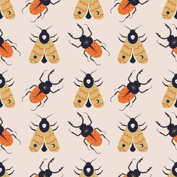 Seamless pattern of mystical abstract moth and stag beetle with celestial symbols. Spiritual wicca insects for textile, wrapping paper, design. Boho style night butterfly and bug vector background