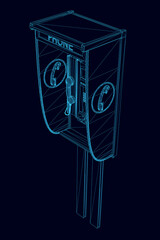 Wireframe of a street telephone booth made of blue lines, isolated on a dark background. Isometric view. 3D. Vector illustration