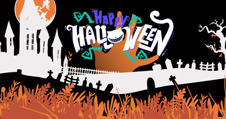 Digital image of happy halloween text banner against graveyard and castle on black background