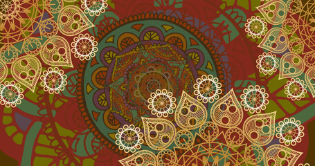 Image of spinning wheels with pattern on red pattern background