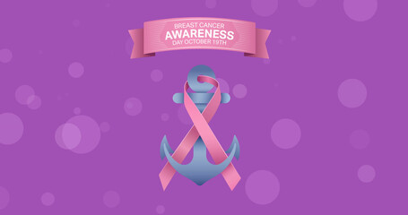 Image of breast cancer awareness text over pink breast cancer ribbon