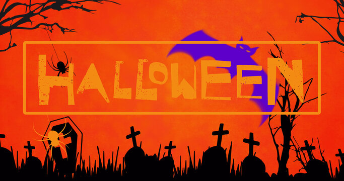 Image of happy halloween text over cemetery