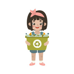 Happy asian girl with green container for recycle. Friendly child hold box with plastic bottles, for recycling.