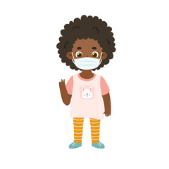 African american girl wearing medical face mack in coronavirus pandemic. Cut child with afro hair in protect mask.