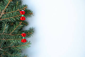 Fototapeta na wymiar Merry Christmas and Happy New Year white background with green fir branches and bows. Christmas tree flatly. Flat lay, top view, copy space.