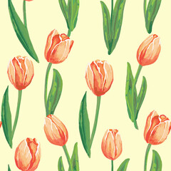 Red tulips on the yellow background. Watercolor seamless pattern with spring flowers.