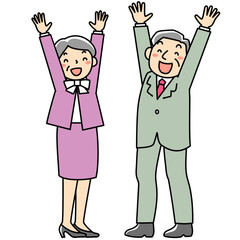 笑顔でバンザイをするシニア女性とシニア男性