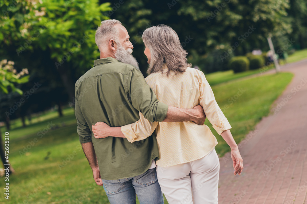 Poster Back photo of nice expression old grey hair couple go hug wear casual shirts outdoors walk in park