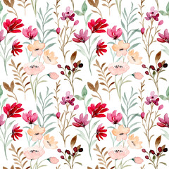 Seamless pattern of red wildflower with watercolor