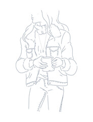 Fototapeta na wymiar Vector portrait of long haired young beautiful girl in jacket jeans holding mug with hot beverage isolated. Line art, hand drawn contour illustration. Winter holiday fashion concept.