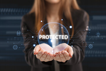 Business, Technology, Internet and network concept. Young businessman working on a virtual screen of the future and sees the inscription: Protected