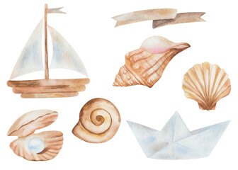 Watercolor illustration of hand painted brown and blue sea shells, pearl, origami paper ship, wooden vessel, boat for ocean. Marine clip art elements for fabric textile, print, summer design cards