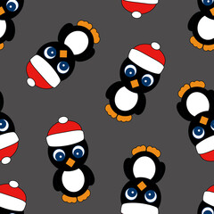 Seamless Pattern with Penguin on Gray Background.