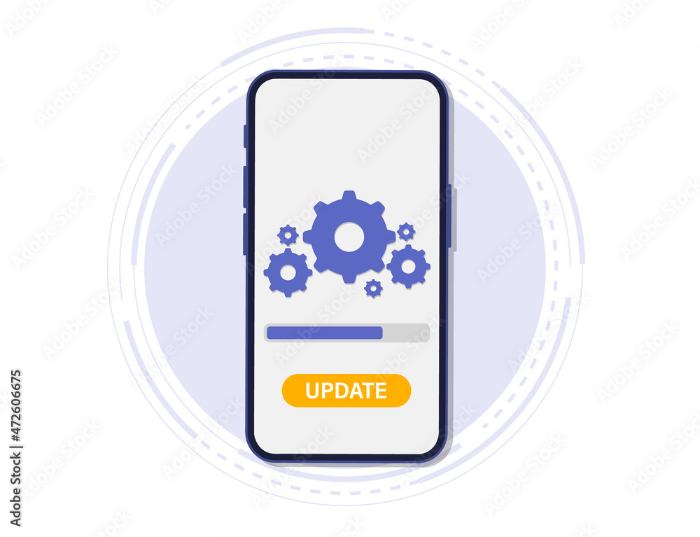 Fototapete System Update. The concept of updating the system software. The download process on the smartphone screen. Improvement version software. Installing process, for landing page, ui, app, banner template