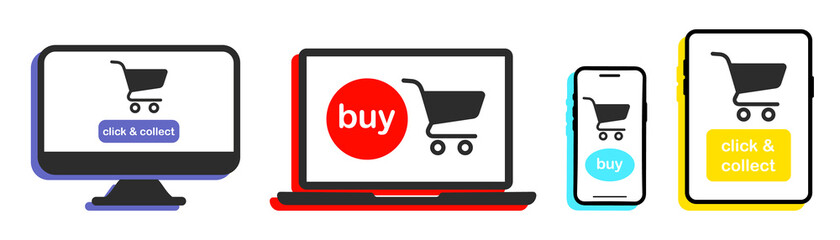 Shopping cart on the screens devices. Shopping Online. Computer, laptop, tablet and smartphone - vector icons. Digital marketing. Internet store. E-commerce concept. Click and collect and buy now © SMUX