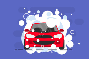 Car wash station. Carwash service icon.Cleaning the engine and car body. Transport is clean on all sides. Comprehensive washing and cleaning of the car in the car wash. Washing with foam and water