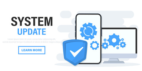 System Update. Installation of new Version software. Software update for computer, laptop and smartphone. Operating system support. Installing update process, upgrade program, data network - obrazy, fototapety, plakaty