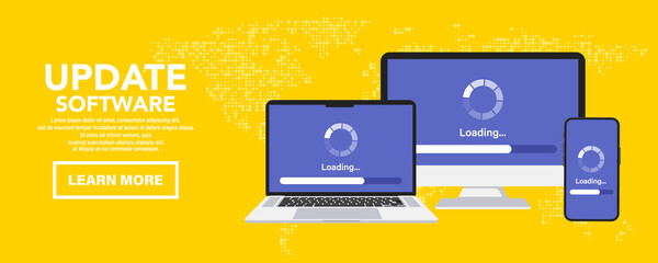 System Update. Installation of new Version software. Software update for computer, laptop and smartphone. Operating system support. Installing update process, upgrade program, data network