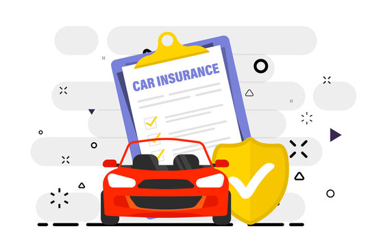 Car insurance. Insurance policy. Car with shield. Document for obtaining insurance payment and car protection. Shield with check mark. Car insurance service, protection property. Auto safety concept