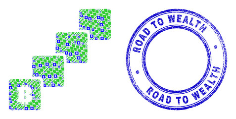 Vector bitcoin blockchain icon composition is organized with repeating recursive bitcoin blockchain elements. Road to Wealth scratched blue round seal.