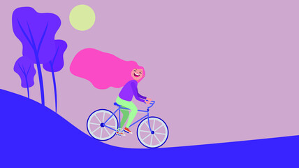 Fototapeta na wymiar vector woman with long hair on a bike. flat image of a girl riding a bike in nature