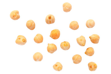 Raw chickpeas isolated on white background, top view. Dry chickpeas isolated on white background, top view. Chickpea beans isolated on white background. Chickpea seeds, top view.