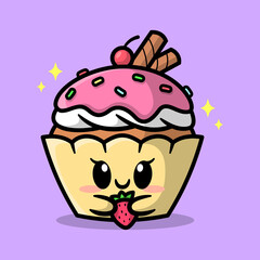 A CUTE CUPCAKE CARTOON CHARACTER IS SMILING AND HOLDING STRAWBERRY 