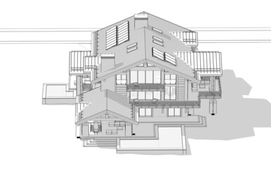 3d rendering of modern cozy chalet with pool and parking for sale or rent. Massive timber beams columns. Black line sketch with soft light shadows on white background.