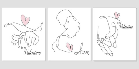 Vector set of valentine card with one line art illustrations of a lovers. A man hugs a woman in line art style for Valentines Day card