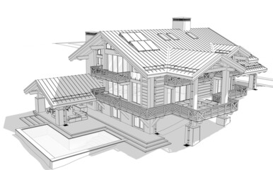 3d rendering of modern cozy chalet with pool and parking for sale or rent. Massive timber beams columns. Black line sketch with soft light shadows on white background.