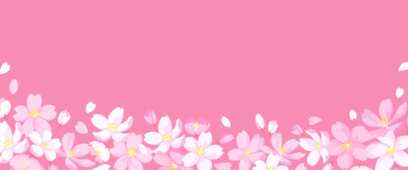 桜の花で装飾したデザインフレーム　バナーサイズ　春のテンプレート素材　ピンクの背景