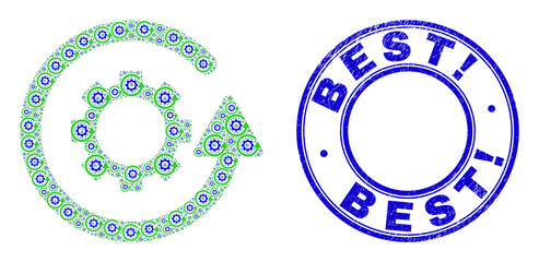 Vector gear rotation icon collage is constructed with random self gear rotation pictograms. Best! dirty blue round stamp seal. Recursion collage for gear rotation icon.