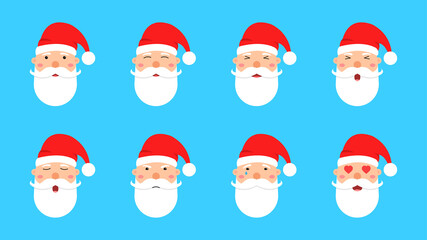 Set of Santa Claus faces. Collection of different emotions of Santa Claus. Christmas and New Year character. Vector illustration