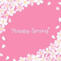 桜の花で装飾したデザインフレーム　正方形サイズ　春のテンプレート素材　ピンクの背景