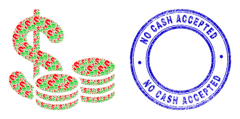Vector cash icon mosaic is designed of random recursive cash pictograms. No Cash Accepted textured blue round stamp seal. Fractal mosaic of cash icon.