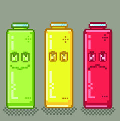 Battery in simple pixelart showing the charge level in expression and color.
Pixelart color battery drawing in editable vector format made in Illustrator in editable layers outline and isolated colors