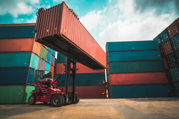 Cargo container for overseas shipping in shipyard with heavy machine . Logistics supply chain...