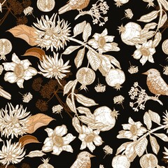 Seamless pattern with birds, pomegranate fruit, flowers and leaves.